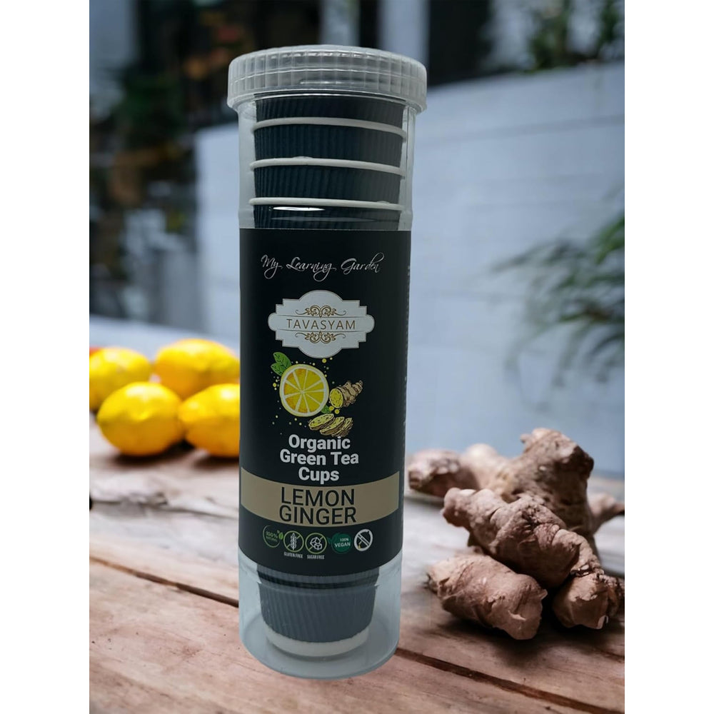 TAVASYAM Ready to Sip Lemon Ginger Green Tea Cup | Green Tea for Weight Loss | Vegan, Gluten Free & Sugar Free | Lemon Ginger Green Tea | Pre-Filled Tea Cups 200ml | Tea Cups Set of 12 - EarthBased 