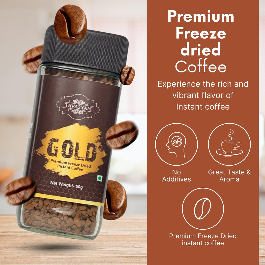 TAVASYAM Coffee | Premium Freeze Dried Instant Coffee Jar 50 gms | Coffee Powder for both Hot & Cold Coffee | 100% Pure Coffee Beans | Make Espresso, Latte & Cappuccino | Gold, 25 Servings
