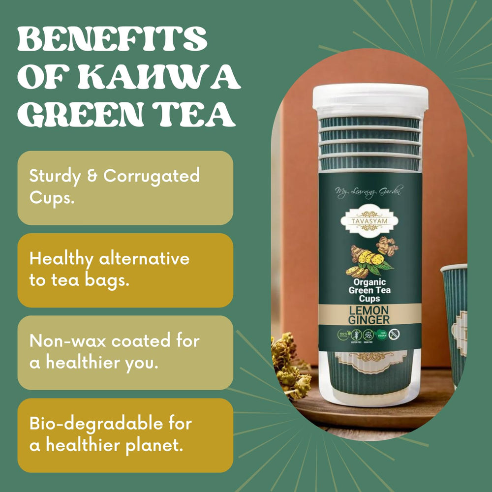 TAVASYAM Ready to Sip Lemon Ginger Green Tea Cup | Green Tea for Weight Loss | Vegan, Gluten Free & Sugar Free | Lemon Ginger Green Tea | Pre-Filled Tea Cups 200ml | Tea Cups Set of 12 - EarthBased 