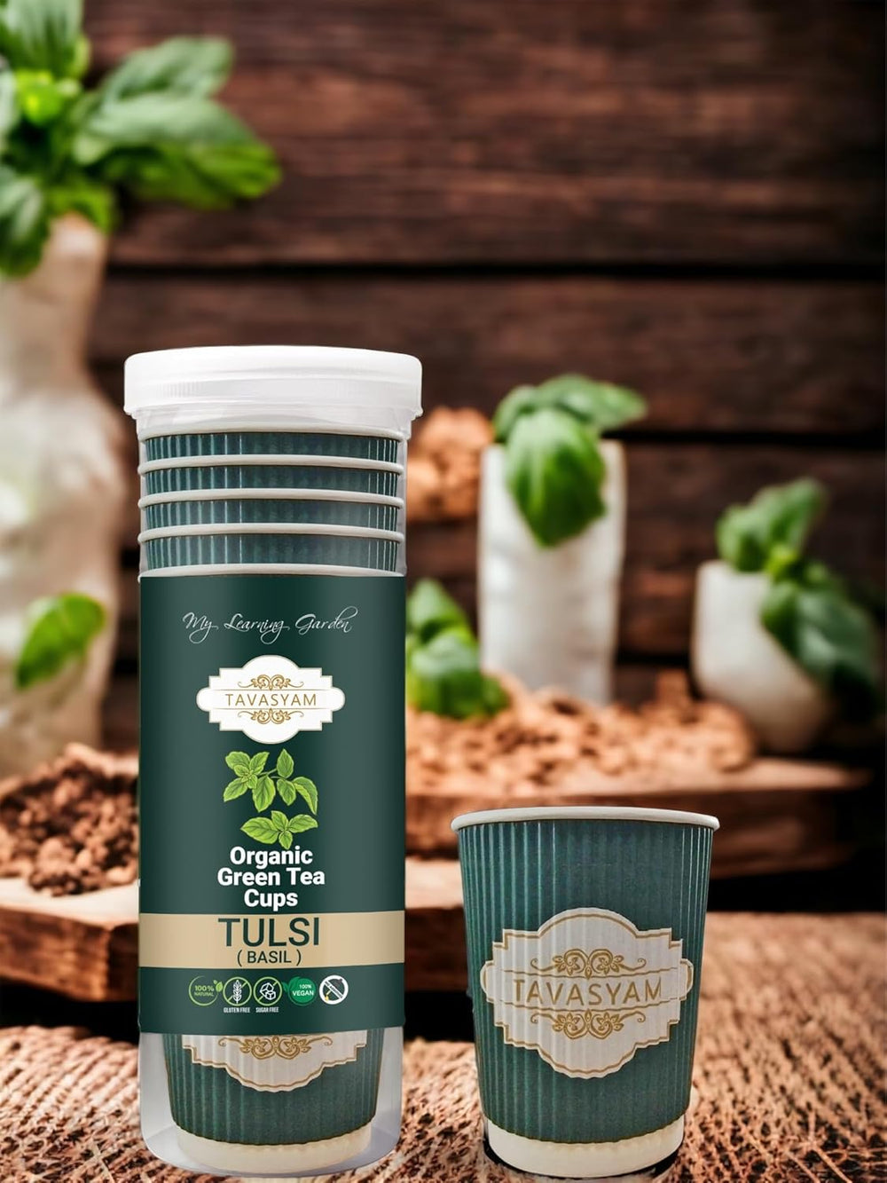 TAVASYAM Ready to Sip Tulsi Flavour Green Tea Cup | Green Tea for Weight Loss | Vegan, Gluten Free & Sugar Free | Tulsi Flavour | Whole Leaf Teas | Pre-Filled Tea Cups 200ml | Tea Cups Set of 12 - EarthBased 