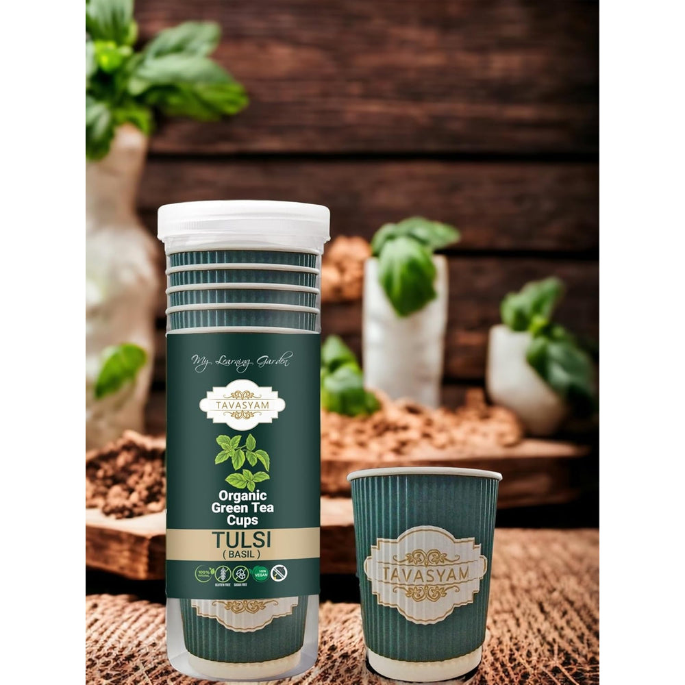 TAVASYAM Ready to Sip Tulsi Flavour Green Tea Cup | Green Tea for Weight Loss | Vegan, Gluten Free & Sugar Free | Tulsi Flavour | Whole Leaf Teas | Pre-Filled Tea Cups 200ml | Tea Cups Set of 12 - EarthBased 