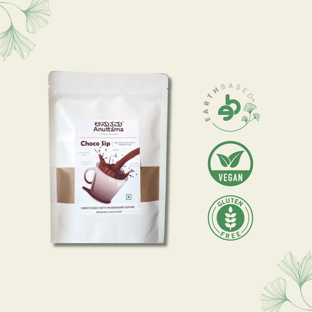 Choco Sip (Drinking chocolate powder) | Chocolate Drink | Non-Alkalized | Vegan & Gluten-Free | No Preservatives/Flavors/colors | Single Origin | Jaggery Sweetened by Anuttama - EarthBased 