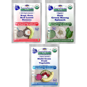TummyFriendly Foods Certified Stage3 Porridge Mixes Trial Packs - Ragi, Oats, MultiGrain |Organic Baby Food for 8 Months Old Baby |3 Packs, 50g Each Cereal (150 g, 2 x Pack of 3) - EarthBased 