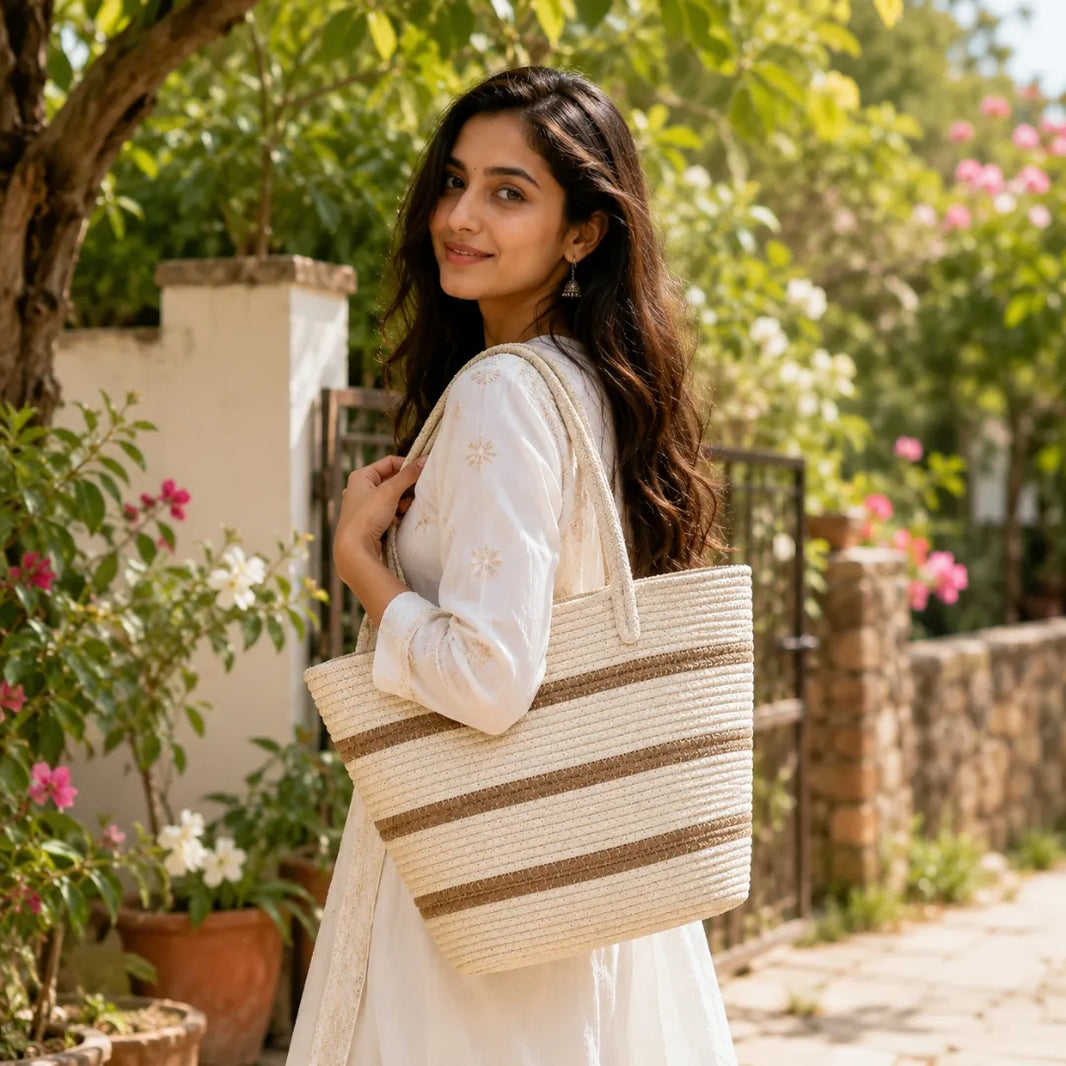 Cream & Brown lines Tote bag