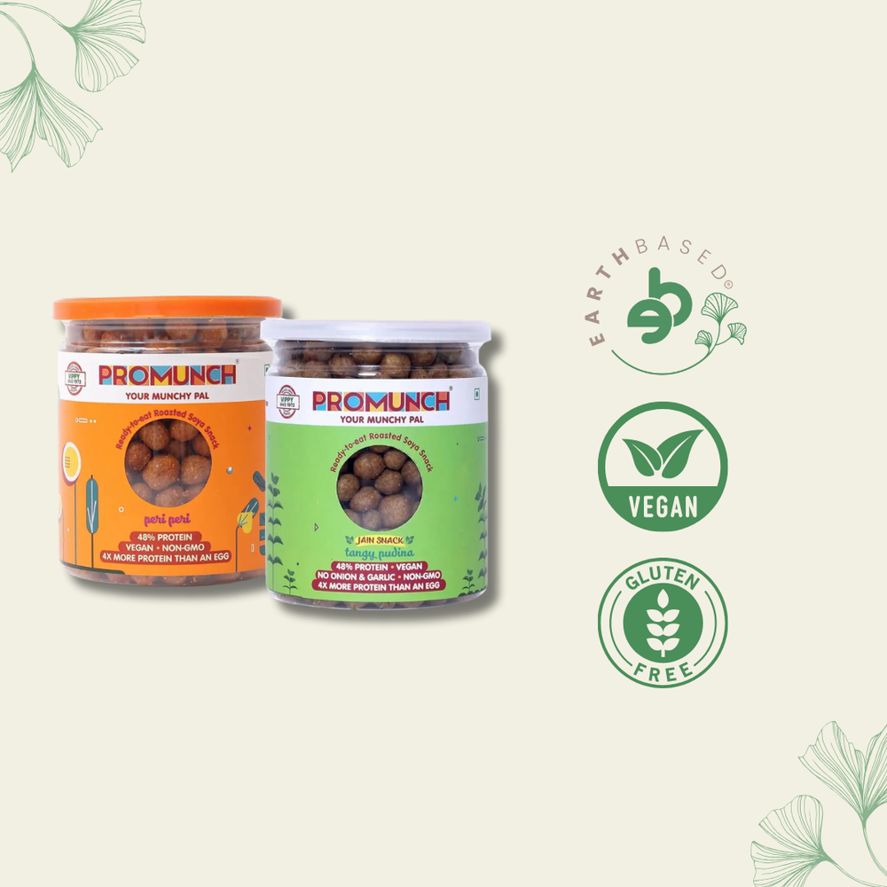 PROMUNCH Roasted Soya Snack | Vegan |Gluten-FreePack of 2 Flavour: Tangy Pudina And Peri-Peri150g - EarthBased 