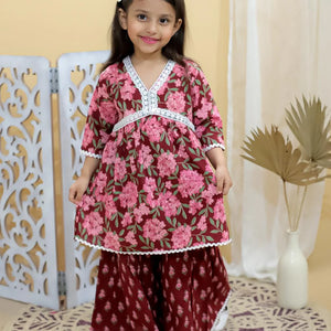 Kid’s Girls Pure Cotton Jaipur Block Printed Indian Ethnic Festive Party Wear Suit Sets | Red - EarthBased 