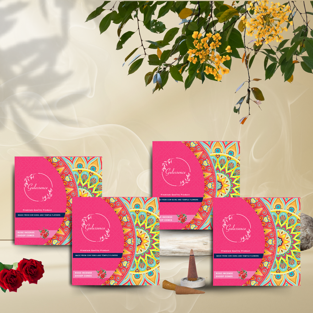 Gulessence Rose, Sandal. Jasmine, Loban  Dhoop Cones | Made from Cow dung & Temple Flower | Pack of 4 - EarthBased 