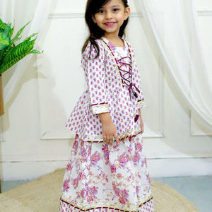 Kid’s Girls Pure Cotton Jaipur Block Printed Indian Ethnic Festive Party Wear Suit Sets | Purple - EarthBased 