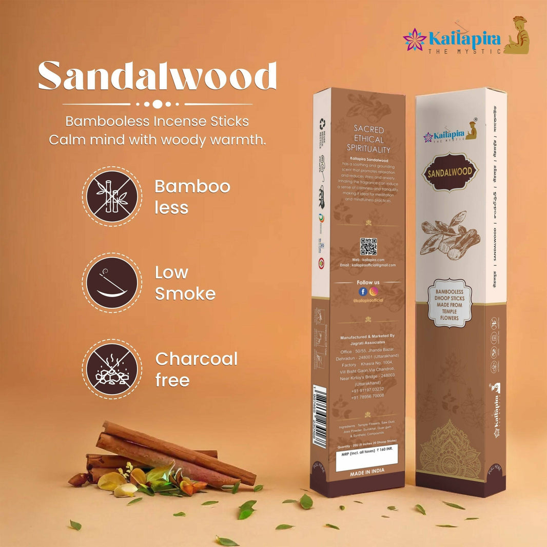 Kailapira Sandalwood Incense sticks – 8” Premium Dhoop Batti, Incense Sticks (Pack of 20) | Pack of 2