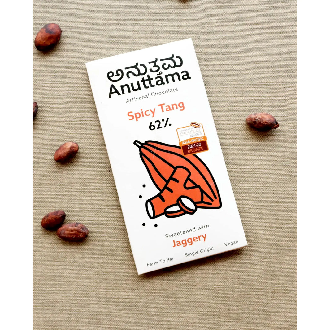 ANUTTAMA | Dark Chocolate 62% Cocoa | Spicy Tang Bar | Gluten Free | Natural Chocolate | Sugar Free | Jaggery Sweetened | Dried Ginger & Pepper | Handmade Chocolates Bar - EarthBased 