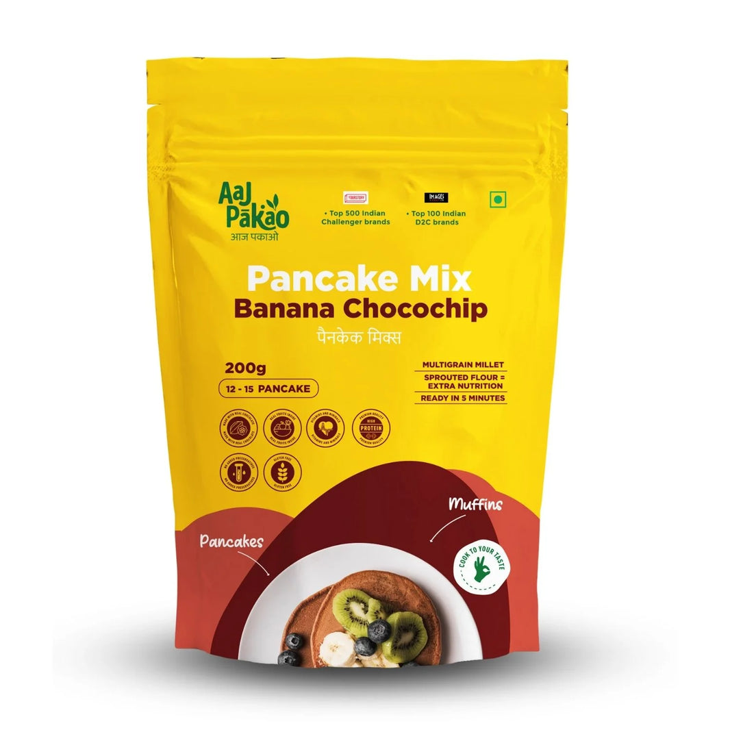 Aaj Pakao - Banana Chocochip Pancake Instant Mix | 200gms | Nutritious & Delicious | Sprouted Millets, Real Fruits & Chocolate | Eggless | No Preservatives | 1 Pack - EarthBased 