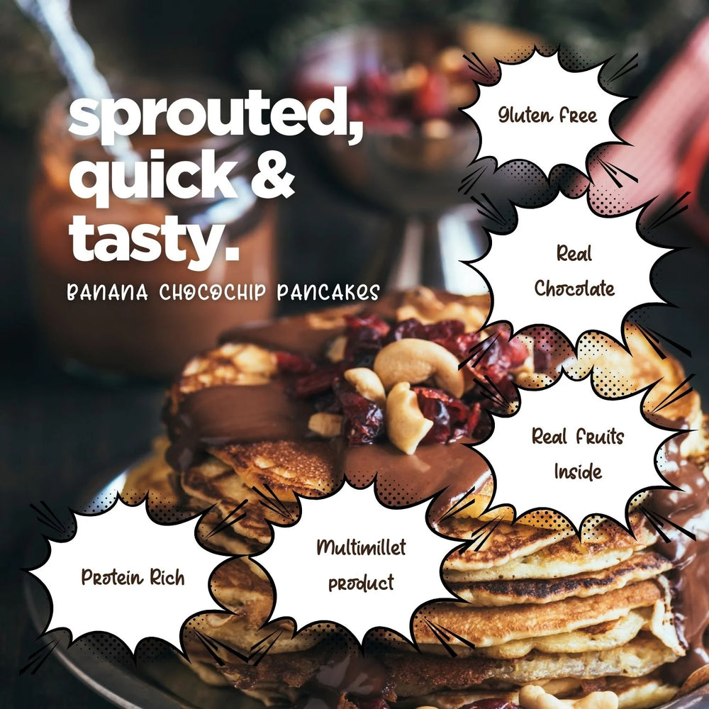 Aaj Pakao - Banana Chocochip Pancake Instant Mix | 200gms | Nutritious & Delicious | Sprouted Millets, Real Fruits & Chocolate | Eggless | No Preservatives | 1 Pack - EarthBased 