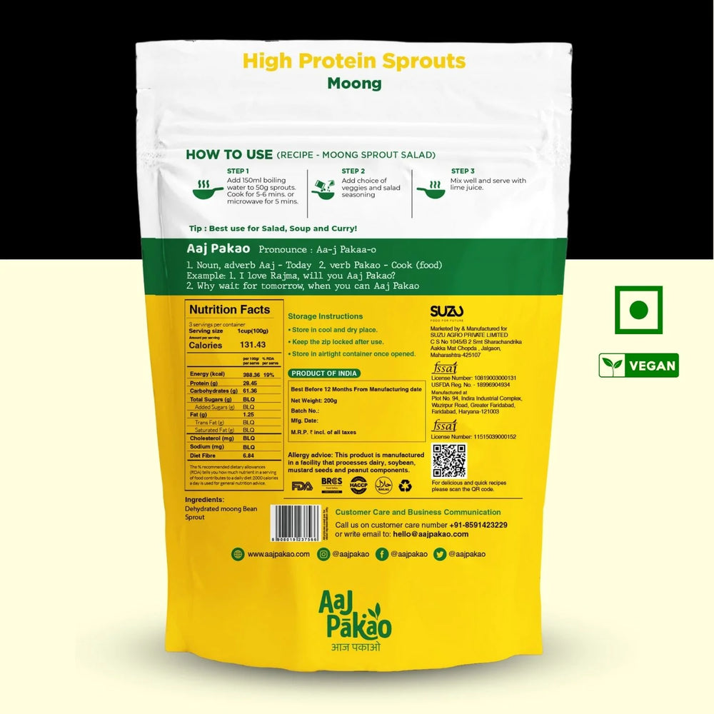 Aaj Pakao - Dehydrated Moong Sprout | Great for Salads, Stir-fries, and Sandwiches | 1 Pack, 200gms - EarthBased 