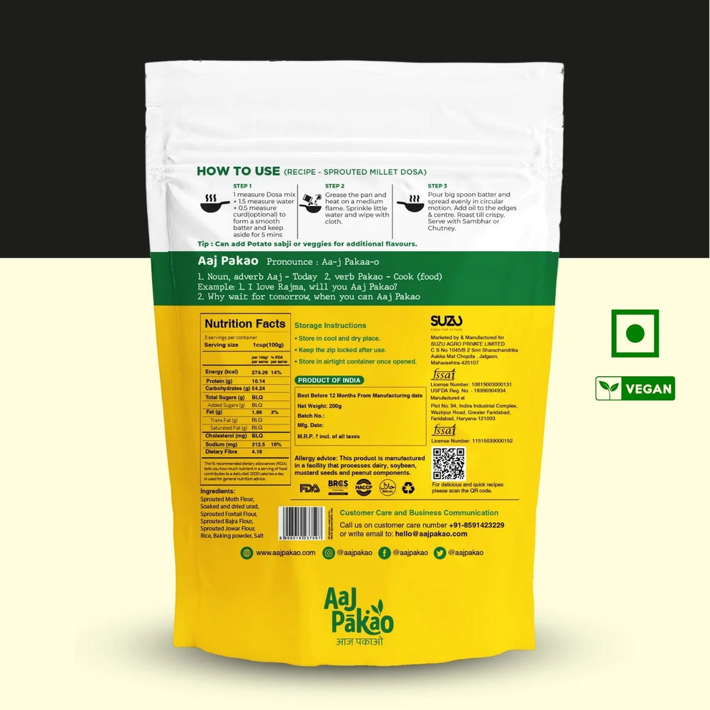 Aaj Pakao - Instant Millet Dosa Mix Flour | 200gms | 100% Natural, No Preservatives | 1 Pack - EarthBased 