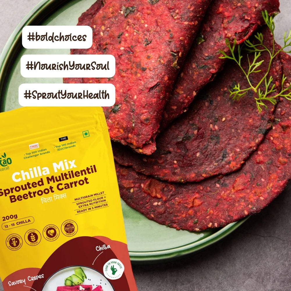 Aaj Pakao - Sprouted Multi Lentil Beetroot Carrot Instant Chilla Mix | 200gms | Mixed Sprouted Beans & Millets | High Protein | No Preservatives | 1 Pack - EarthBased 