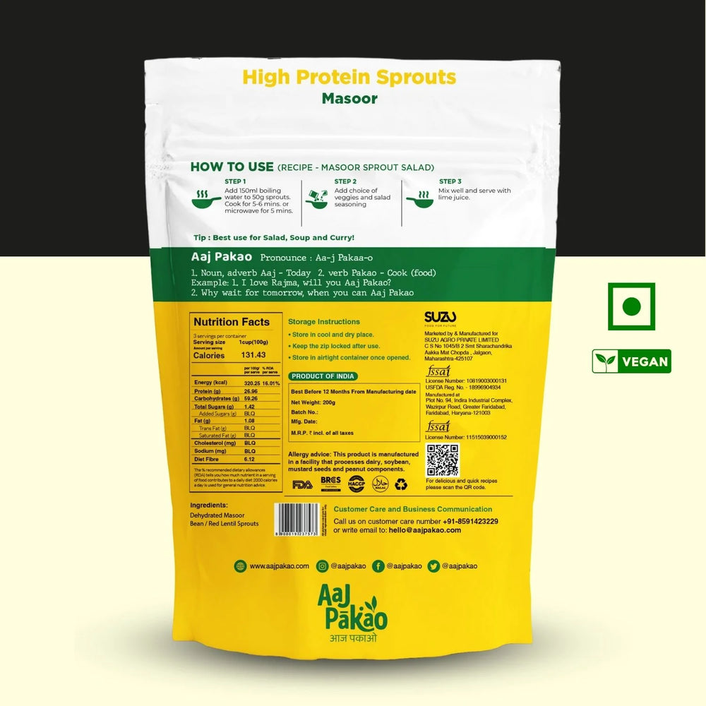 Aaj Pakao | Dehydrated Red Lentil Sprouts, 200g - EarthBased 