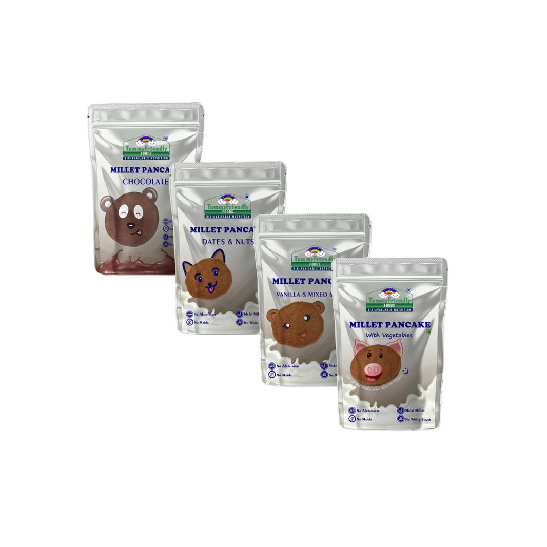 TummyFriendly Foods Aluminium-Free Millet Pancake Mixes Trial Packs with Chocolate, Nuts, Veggies 50 g (2 x Pack of 4) - EarthBased 