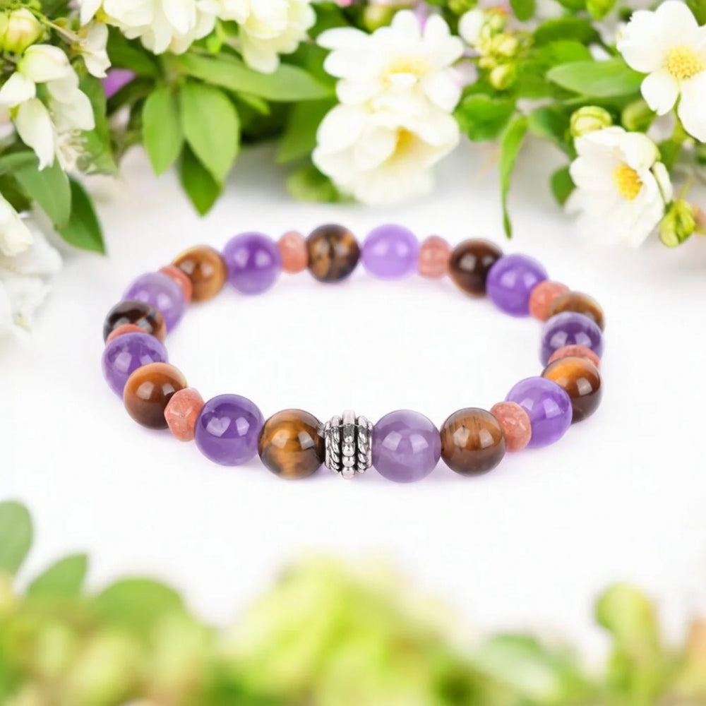 Amethyst, Tiger's Eye, and Sunstone Healing Bracelet for Calm, Confidence, and Vitality - EarthBased 