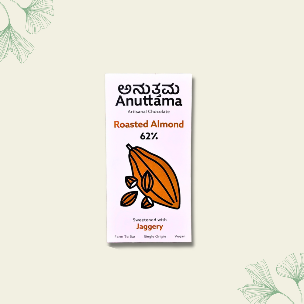 Anuttama | Roasted Almond Chocolate | 62% Cocoa , Gifts Box, Vegan Chocolate, Gift Hamper, Sugar Free, No Artificial Flavours, Lectin Free, Natural Chocolate Bar - EarthBased 