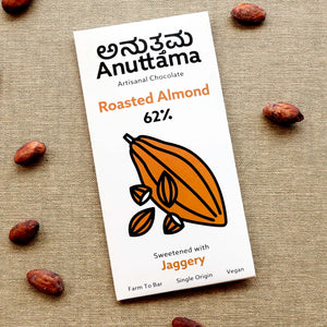 Anuttama | Roasted Almond Chocolate | 62% Cocoa , Gifts Box, Vegan Chocolate, Gift Hamper, Sugar Free, No Artificial Flavours, Lectin Free, Natural Chocolate Bar - EarthBased 