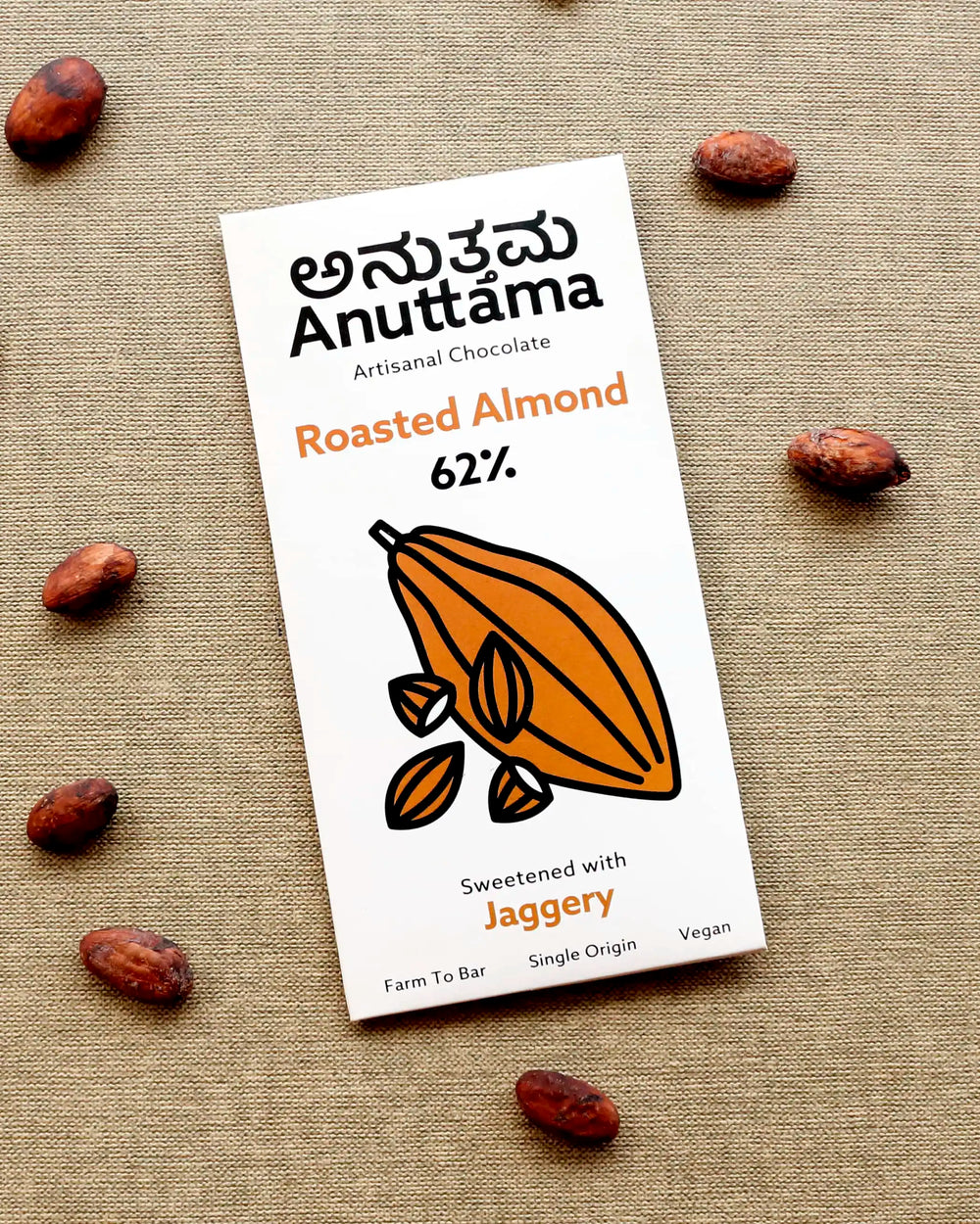 Anuttama | Roasted Almond Chocolate | 62% Cocoa , Gifts Box, Vegan Chocolate, Gift Hamper, Sugar Free, No Artificial Flavours, Lectin Free, Natural Chocolate Bar - EarthBased 