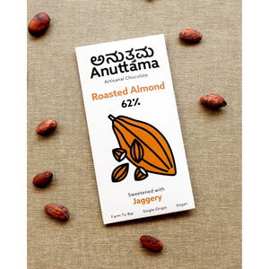 Anuttama | Roasted Almond Chocolate | 62% Cocoa , Gifts Box, Vegan Chocolate, Gift Hamper, Sugar Free, No Artificial Flavours, Lectin Free, Natural Chocolate Bar - EarthBased 