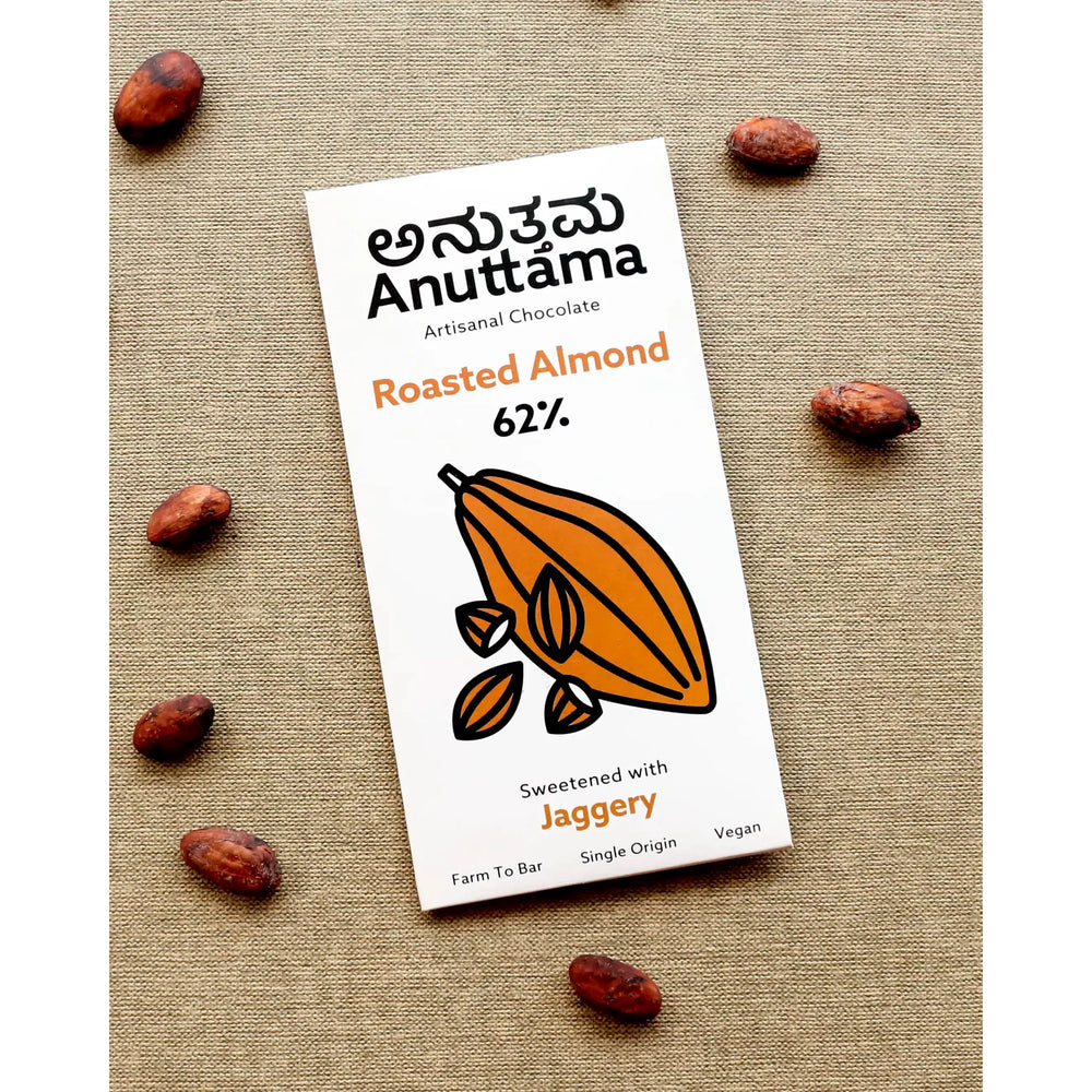 Anuttama | Roasted Almond Chocolate | 62% Cocoa , Gifts Box, Vegan Chocolate, Gift Hamper, Sugar Free, No Artificial Flavours, Lectin Free, Natural Chocolate Bar - EarthBased 