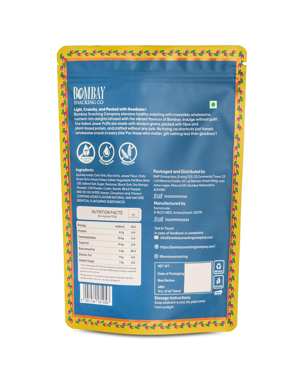 Bombay Snacking Co. Roasted Quinoa Puffs – Dahi Puri Chaat Flavour, Gluten-Free,  Artisanal Roasted Healthy Snack | 2 x 100g | High Protein