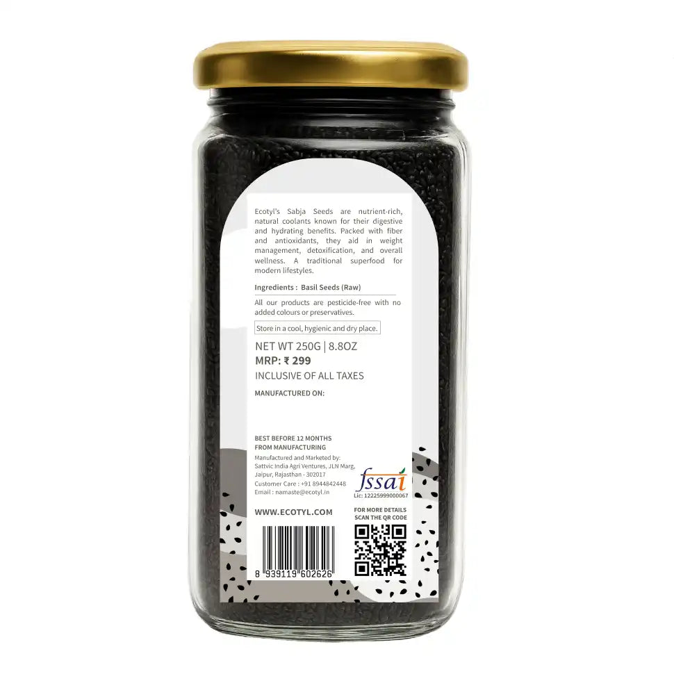 Ecotyl Basil Seeds | Sabja Seeds | Rich in Omega-3 & Fibre | Detox & Hydrate | 250g - EarthBased 