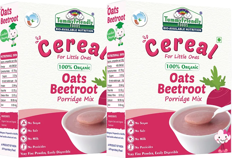 TummyFriendly Foods Certified 100% Organic Oats, Beetroot Porridge Mix , Organic Baby Food for 6 Months Old , Rich in Beta-Glucan, Protein & Fibre, 200g Each, 2 Packs Cereal (400 g, Pack of 2) - EarthBased 