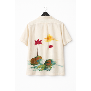 Lotus in Bloom Shirt by JOD with hand-painted lotus scene and lily pad detailing across the back