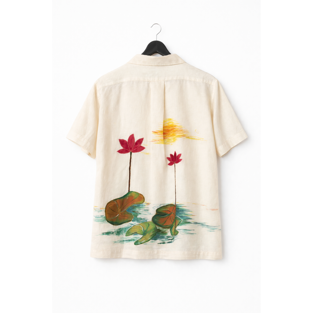Lotus in Bloom Shirt by JOD with hand-painted lotus scene and lily pad detailing across the back