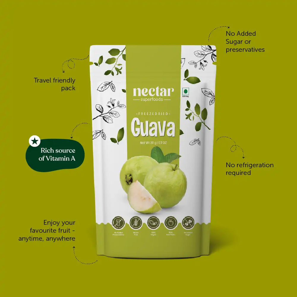 NECTAR SUPERFOODS- FREEZE DRIED GUAVA CUBES- PACK OF 2 UNITS 20 GM EACH - EarthBased 