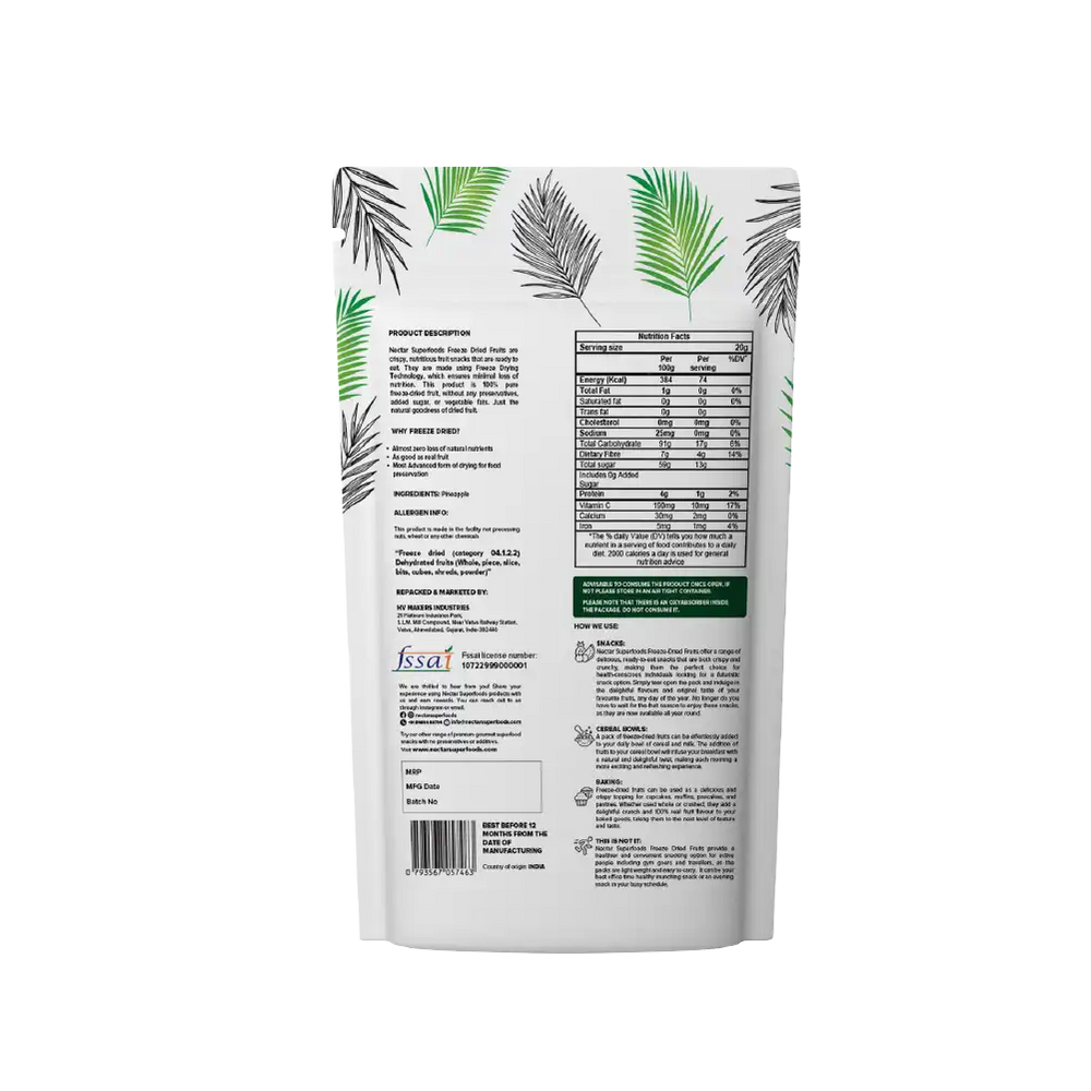NECTAR SUPER FOODS- FREEZE DRIED PINE APPLE SLICES- PACK OF 2 UNITS 20 GM EACH - EarthBased 