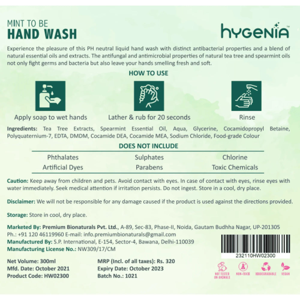 Hygenia Mint To Be Handwash - Spearmint & Tea Tree 300ml - EarthBased 