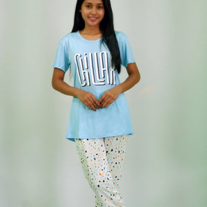 Chillax Print Air Blue T-shirt & Tofu Pant Night Dress | Playout - EarthBased 