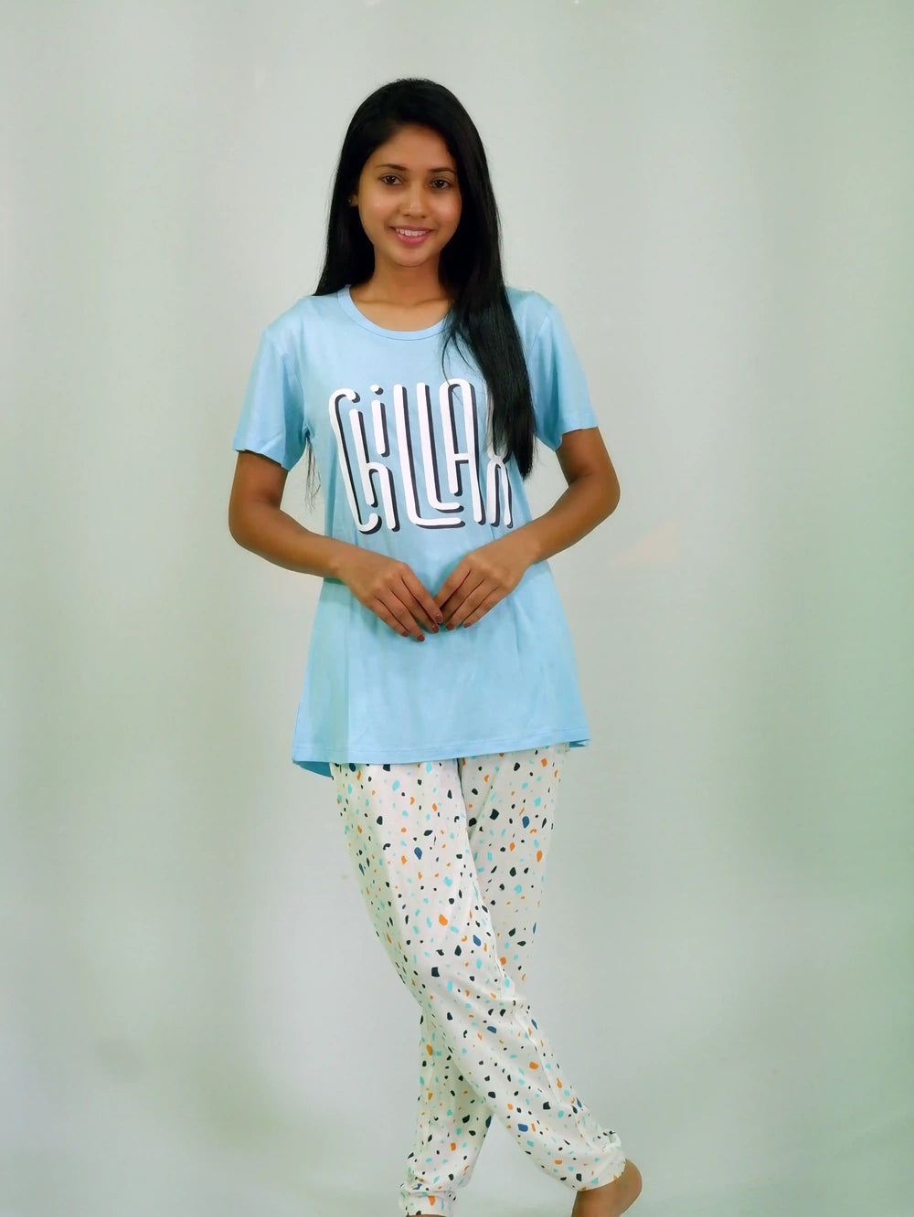 Chillax Print Air Blue T-shirt & Tofu Pant Night Dress | Playout - EarthBased 