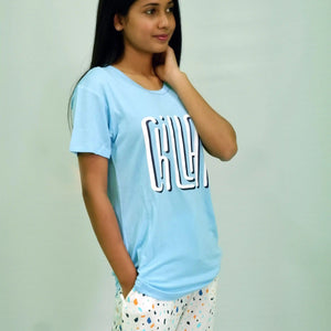 Chillax Print Air Blue T-shirt & Tofu Pant Night Dress | Playout - EarthBased 