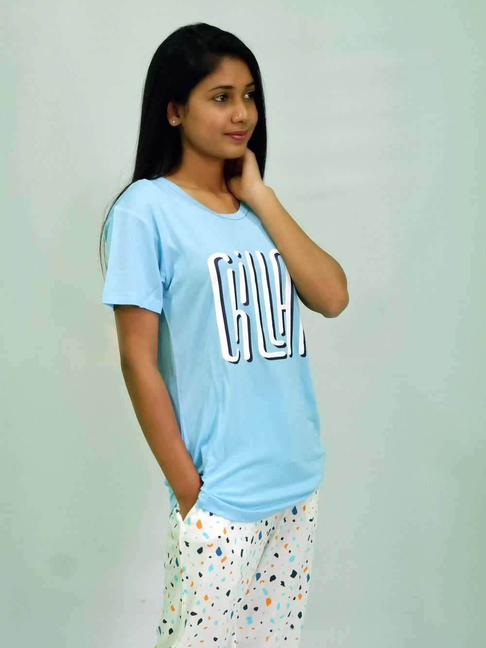 Chillax Print Air Blue T-shirt & Tofu Pant Night Dress | Playout - EarthBased 