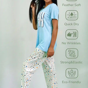 Chillax Print Air Blue T-shirt & Tofu Pant Night Dress | Playout - EarthBased 
