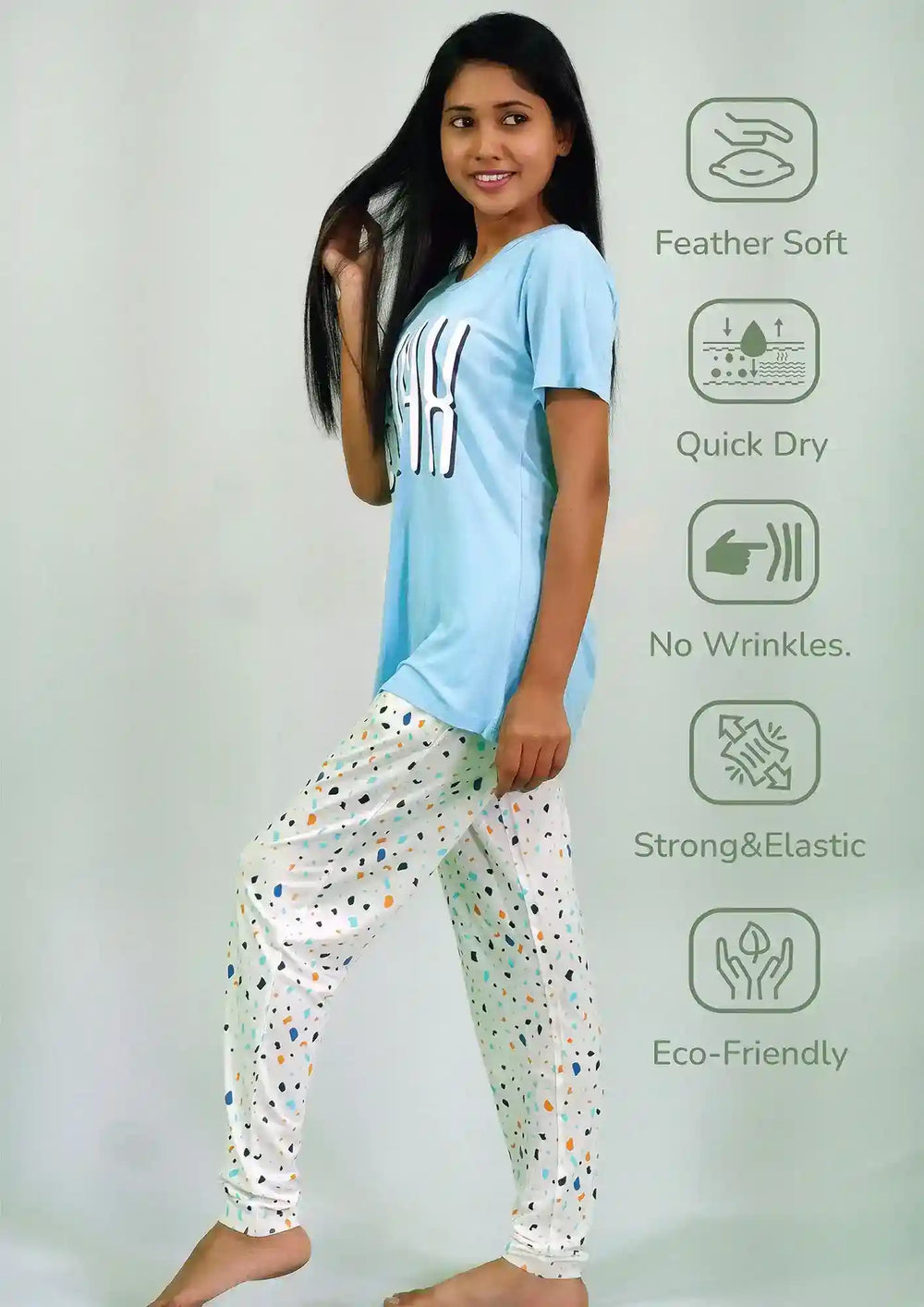 Chillax Print Air Blue T-shirt & Tofu Pant Night Dress | Playout - EarthBased 