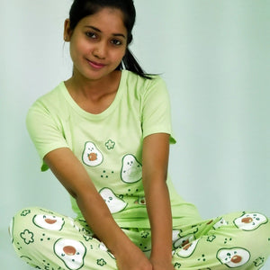 Avocado Print T-shirt & Pant Night Dress in Lettuce Green | Playout - EarthBased 