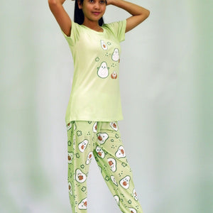 Avocado Print T-shirt & Pant Night Dress in Lettuce Green | Playout - EarthBased 