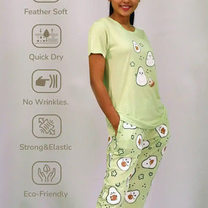 Avocado Print T-shirt & Pant Night Dress in Lettuce Green | Playout - EarthBased 