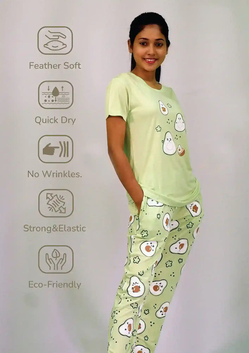 Avocado Print T-shirt & Pant Night Dress in Lettuce Green | Playout - EarthBased 