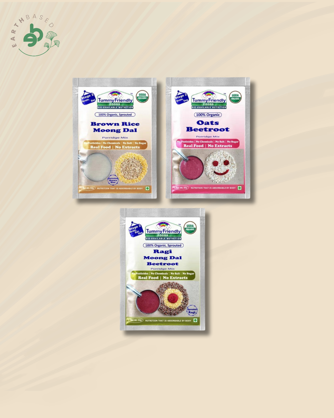 TummyFriendly Foods Certified Organic Stage2 Sprouted Porridge Mixes Trial Packs | Organic Baby Food for 6 Months Old | Sprouted Ragi, Sprouted Brown Rice, Oats, Dal & Vegetable | 50g Each, Cereal (150 g, Pack of 3) - EarthBased 