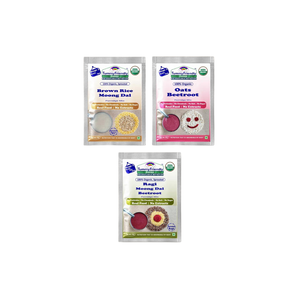 TummyFriendly Foods Certified Organic Stage2 Sprouted Porridge Mixes Trial Packs | Organic Baby Food for 6 Months Old | Sprouted Ragi, Sprouted Brown Rice, Oats, Dal & Vegetable | 50g Each, Cereal (150 g, 2 x Pack of 3) - EarthBased 