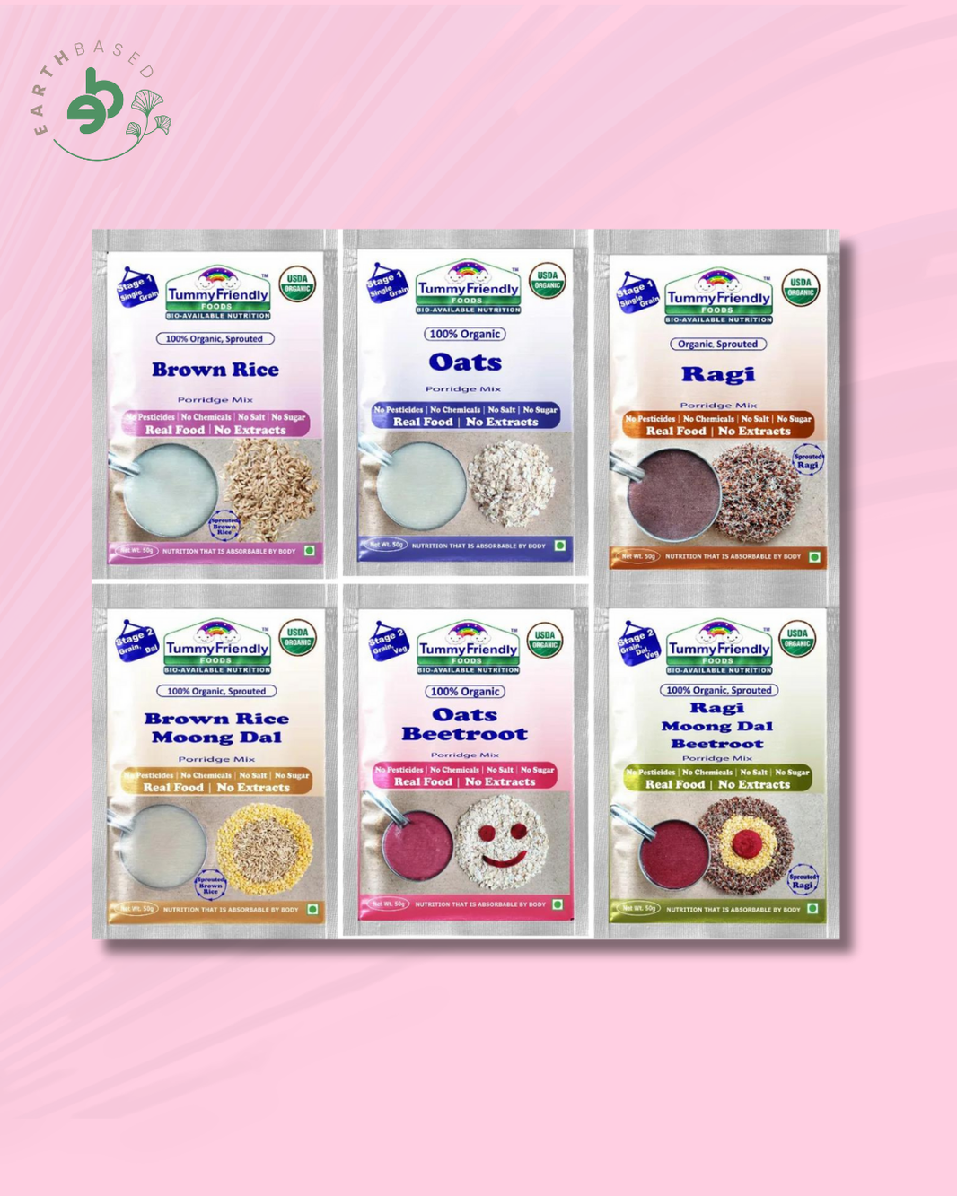 TummyFriendly Foods Certified Stage1, Stage2 Porridge Mixes - Trial Packs | Organic Baby Food for 6 Months Old Baby |6 Packs, 50g Each Cereal (300 g, Pack of 6, 8+ Months) - EarthBased 