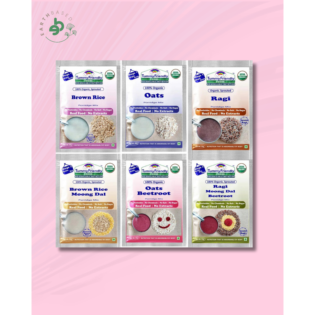 TummyFriendly Foods Certified Stage1, Stage2 Porridge Mixes - Trial Packs | Organic Baby Food for 6 Months Old Baby |6 Packs, 50g Each Cereal (300 g, Pack of 6, 8+ Months) - EarthBased 