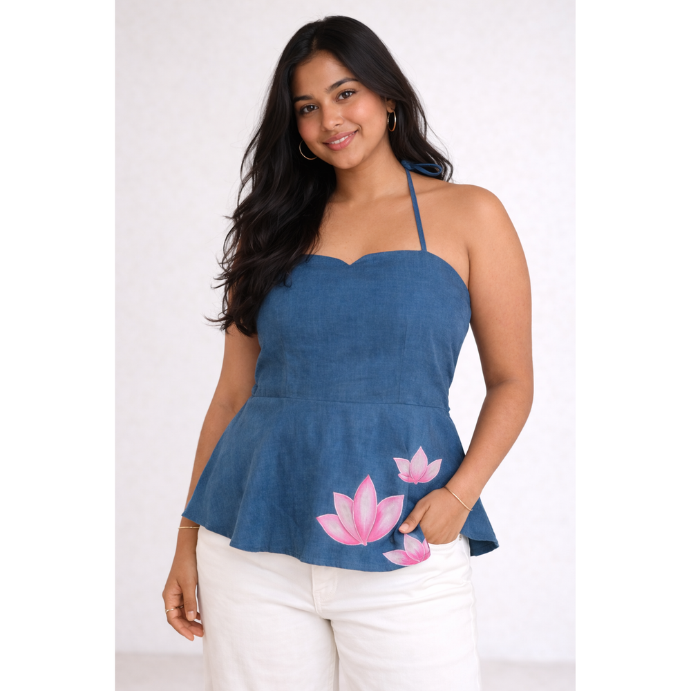 The Blue Lotus Applique Halter Top by JOD in blue cotton with hand-painted pink lotus blooms along the hem